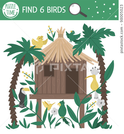Tropical searching game for children with jungle hoot, parrots, toucan, hoopoe. Cute funny smiling characters. Find hidden birds in the tropic house. Simple summer game. Tropical searching game for children with jungle hoot, parrots, toucan, hoopoe. Cute funny smiling characters. Find hidden birds in the tropic house. Simple summer game. 98005023