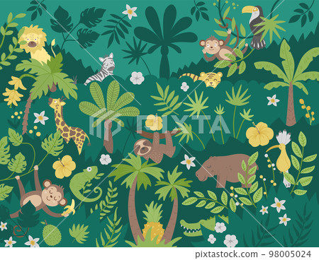ector background with cute exotic animals, leaves, flowers, fruits. Funny tropical scene with birds and plants. Bright flat illustration for children. Jungle summer clip art 98005024