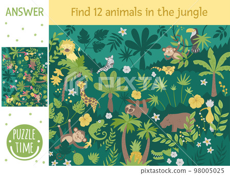 Tropical searching game for children with cute funny characters. Find hidden animals and birds in the jungle. Simple summer game. 98005025