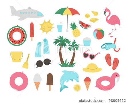 Vector set of summer clipart elements isolated on white background. Cute flat illustration for kids with palm tree, plane, sunglasses, funny inflatable rings. Vacation beach objects 98005312