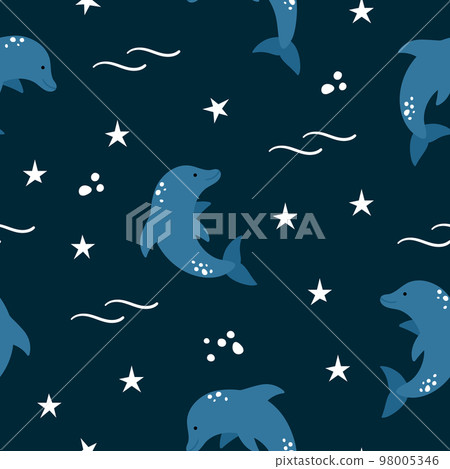Vector seamless pattern jumping dolphin on dark blue background. Cute marine animal digital paper. Summer night sea water texture. Cute flat fish ornament for kids. 98005346