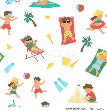 Vector summer seamless pattern with children doing summer activities. Repeat background with kids playing on the beach. Cute girls and boys swimming, playing ball, lying in the sun. Vector summer seamless pattern with children doing summer activities. Repeat background with kids playing on the beach. Cute girls and boys swimming, playing ball, lying in the sun. 98005347
