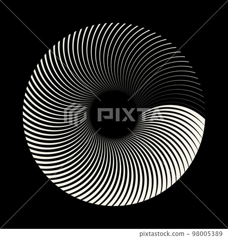 White curved radial lines with different thickness, as a logo or abstract background. A rotating circle like a loading sign. 98005389