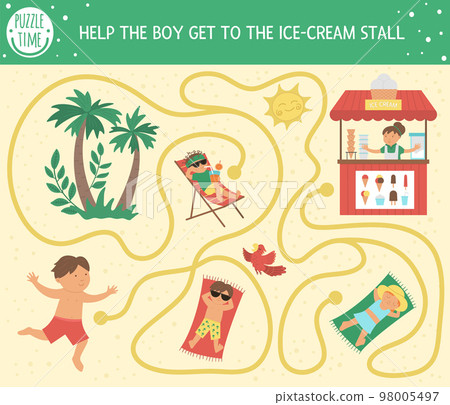 Summer maze for children. Preschool beach holidays activity. Funny puzzle with cute boy, ice-cream stall, sunbathing people. Holiday game for kids. Printable activity with ice cream kiosk 98005497