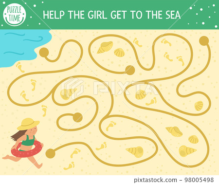 Summer maze for children. Preschool beach holidays activity. Funny puzzle with cute girl, seashells, foot prints on sand. Holiday game for kids. Printable activity with child running to the sea 98005498