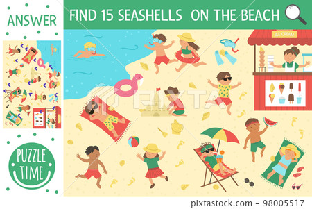 Vector searching game with children playing on the beach and doing summer activities. Find hidden seashells in the sand. Simple fun summer printable activity for kids 98005517