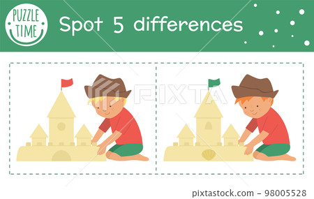 Summer find differences game for children. Beach holiday preschool activity with boy building sandcastle. Printable worksheet with cute funny smiling characters. 98005528