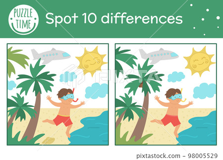 Summer find differences game for children. Beach holiday preschool activity with boy running to the sea. Printable worksheet with cute funny smiling character. Summer find differences game for children. Beach holiday preschool activity with boy running to the sea. Printable worksheet with cute funny smiling character. 98005529