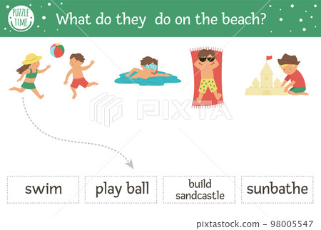 Summer matching activity children playing on the beach. Preschool sea vacation puzzle. Cute exotic educational riddle. Find the correct word printable worksheet. Simple language holiday game for kids 98005547