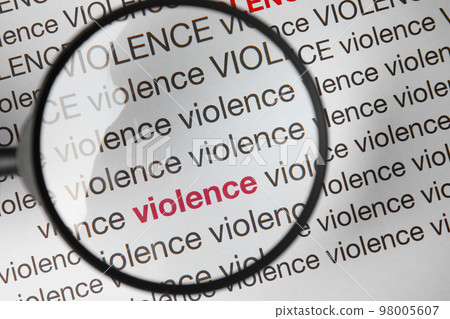 Word VIOLENCE under magnifying glass on white background, top view 98005607