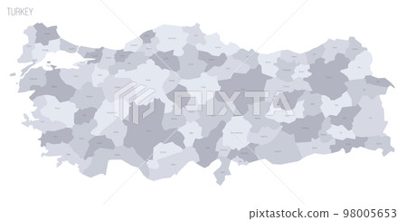 Turkey political map of administrative divisions - provinces. Grey vector map with labels. Turkey political map of administrative divisions - provinces. Grey vector map with labels. 98005653