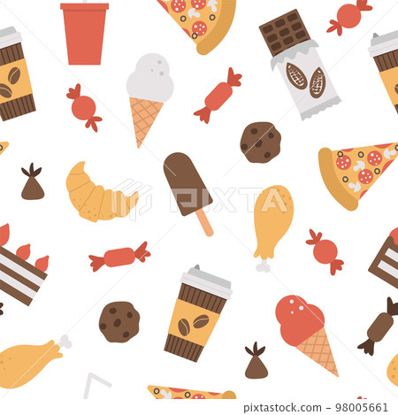 Seamless pattern with junk food and drink icons. Vector repeat background with ice-cream, pizza, sweet products, chocolate, candy, pastry. Flat hand drawn unhealthy nutrition texture. Seamless pattern with junk food and drink icons. Vector repeat background with ice-cream, pizza, sweet products, chocolate, candy, pastry. Flat hand drawn unhealthy nutrition texture. 98005661