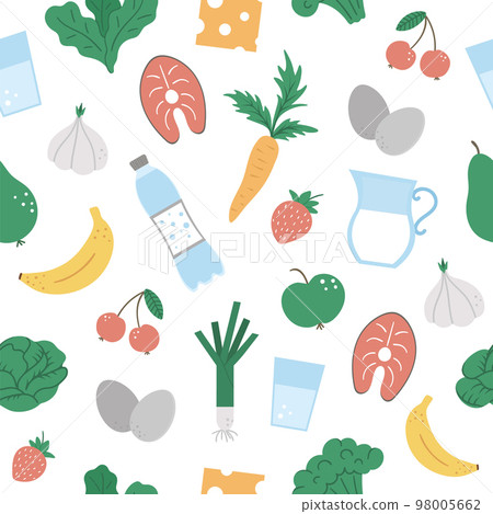 Seamless pattern with healthy food and drink icons. Vector repeat background with vegetable, milk products, fruit, berry, fish. Flat hand drawn organic nutrition texture. Seamless pattern with healthy food and drink icons. Vector repeat background with vegetable, milk products, fruit, berry, fish. Flat hand drawn organic nutrition texture. 98005662