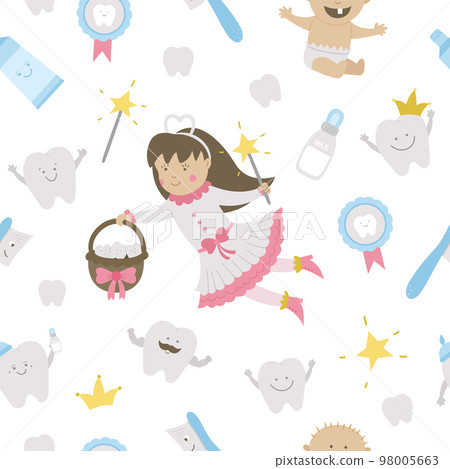 Cute tooth fairy seamless pattern. Kawaii fantasy princess background with funny smiling toothbrush, baby, molar, milk bottle, medal, toothpaste, teeth. Funny dental care texture for kids. 98005663