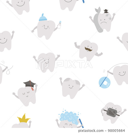 Seamless pattern with cute kawaii teeth. Vector background with tooth icons for children design. Funny dental care digital paper for kids. Dentist baby clinic texture with mouth hygiene concept Seamless pattern with cute kawaii teeth. Vector background with tooth icons for children design. Funny dental care digital paper for kids. Dentist baby clinic texture with mouth hygiene concept 98005664