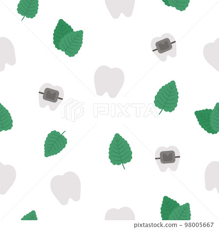 Seamless pattern with tooth, braces, mint leaves. Vector teeth background. Funny dental care digital paper. Dentist clinic texture with mouth hygiene concept. Seamless pattern with tooth, braces, mint leaves. Vector teeth background. Funny dental care digital paper. Dentist clinic texture with mouth hygiene concept. 98005667