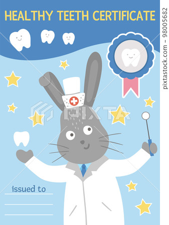 Healthy tooth certificate. Cute dentist rewarding document for kids. Vector funny card template with cute smiling doctor rabbit. Dental care picture for children. Dentist baby clinic brochure design Healthy tooth certificate. Cute dentist rewarding document for kids. Vector funny card template with cute smiling doctor rabbit. Dental care picture for children. Dentist baby clinic brochure design 98005682