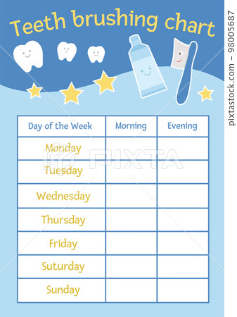 Cute teeth brushing chart for kids. Vector dental care stomatology poster with cute smiling characters. Tooth hygiene timetable for children. Dentist baby clinic brochure design. Cute teeth brushing chart for kids. Vector dental care stomatology poster with cute smiling characters. Tooth hygiene timetable for children. Dentist baby clinic brochure design. 98005687