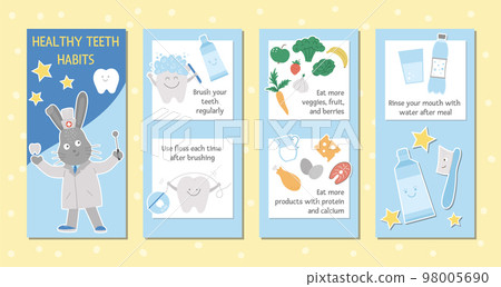 Cute dental care brochure design for kids. Vector funny stomatology information leaflet with cute smiling characters. Healthy teeth habits info card template for children. Dentist baby clinic 98005690