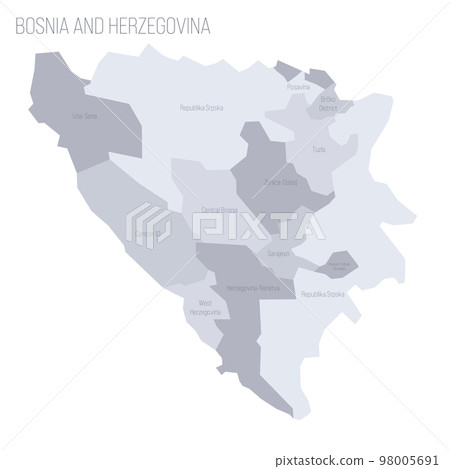 Bosnia and Herzegovina political map of administrative divisions - cantons of Federation of Bosnia and Herzegovina and Republika Srpska. Grey vector map with labels. 98005691