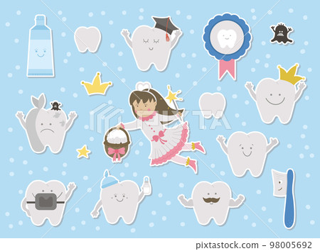 Cute tooth fairy stickers set. Kawaii fantasy princess with funny smiling toothbrush, molar, medal, toothpaste, teeth. Funny dental care picture for kids. Dentist baby clinic clipart 98005692