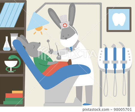 Vector dental clinic cabinet. Funny animal dentist doctor treating patient teeth in medical office. Dentistry interior flat illustration for kids. Tooth care concept Vector dental clinic cabinet. Funny animal dentist doctor treating patient teeth in medical office. Dentistry interior flat illustration for kids. Tooth care concept 98005701