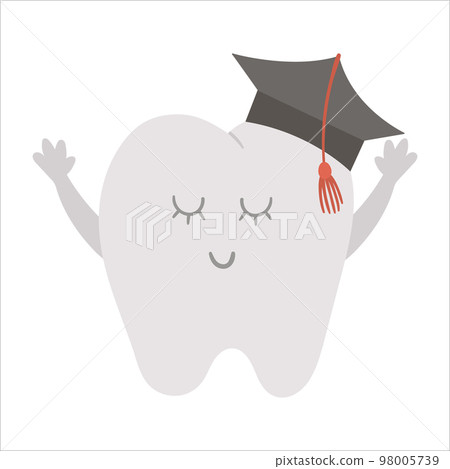 Cute kawaii wisdom tooth with academic hat. Vector teeth icon for children design. Funny dental care picture for kids. Dentist baby clinic clipart with mouth hygiene concept on white background. 98005739