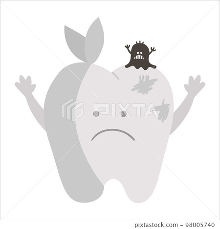 Cute kawaii aching tooth with bandage and microbe. Vector caries teeth icon for children design. Funny dental care picture for kids. Dentist clipart with mouth hygiene concept on white background. 98005740