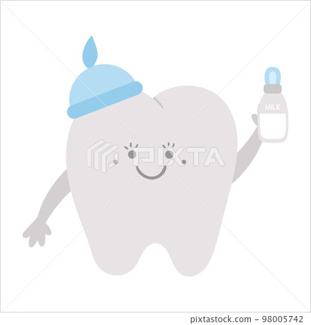Cute kawaii tooth holding milk bottle. Vector teeth icon for children design. Funny dental care picture for kids. Dentist baby clinic clipart with mouth hygiene concept on white background. 98005742