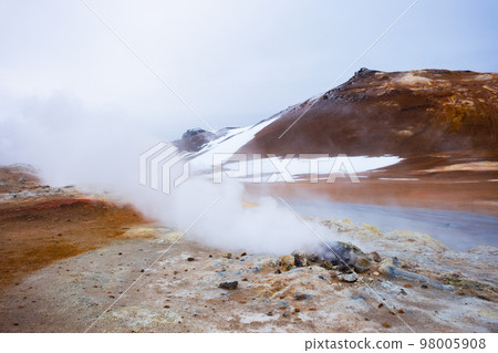 Geothermal Area in Iceland, Pure Green Energy at Sulfur Valley with Smoking Fumaroles. Famous tourist spot Hverir. Real Volcanic Activity near Myvatn lake. Evaporating water. Shot in Hight Resolution 98005908