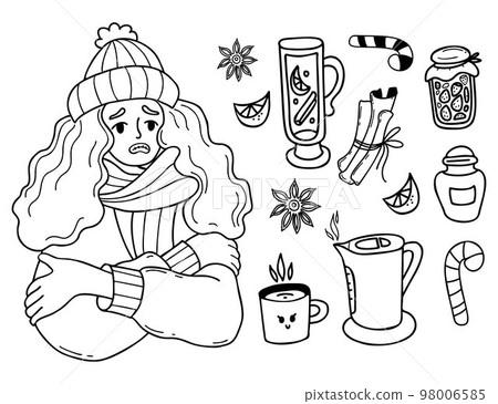 Winter collection. Unhappy girl freezing wearing and shivering. Nearby is hot wine, kettle of boiling water, cup, cinnamon and jam, piece of lemon. Vector isolated Outline drawn. doodles. Winter collection. Unhappy girl freezing wearing and shivering. Nearby is hot wine, kettle of boiling water, cup, cinnamon and jam, piece of lemon. Vector isolated Outline drawn. doodles. 98006585