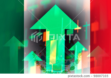 Increasing green arrows on the background of Mexico flag, showing a trend of the economy in global crisis 98007103