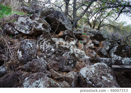 Closeup of large rocks or boulders near the mountains. Large multicolored granites. Details of big grey stone structures with orange particles shining in the sunlight. Closeup of large rocks or boulders near the mountains. Large multicolored granites. Details of big grey stone structures with orange particles shining in the sunlight. 98007353