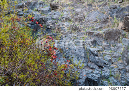 Closeup of large rocks or boulders near the mountains. Large multicolored granites. Details of big grey stone structures with orange particles shining in the sunlight. 98007357