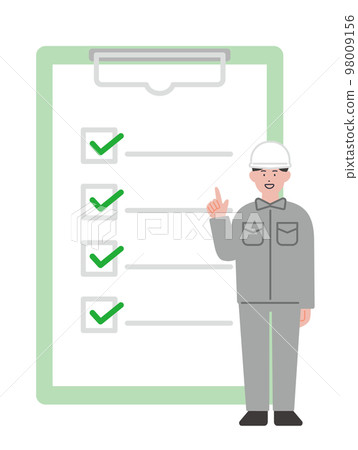Illustration of a man in work clothes and a checklist Illustration of a man in work clothes and a checklist 98009156