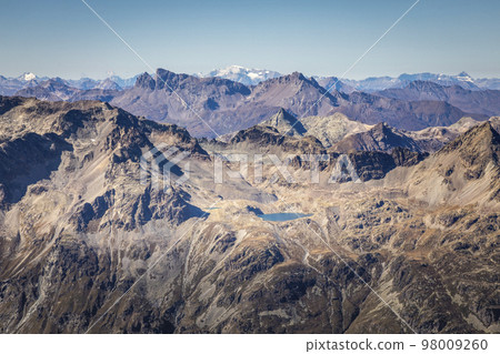 Bernina and Palu mountain range with lake in the Alps, Engadine, Switzerland Bernina and Palu mountain range with lake in the Alps, Engadine, Switzerland 98009260