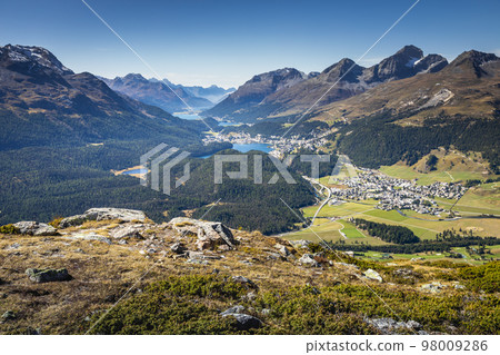 View Above St Moritz from Muottas Muragl of Upper Engadine, Graubunden, Switzerland View Above St Moritz from Muottas Muragl of Upper Engadine, Graubunden, Switzerland 98009286