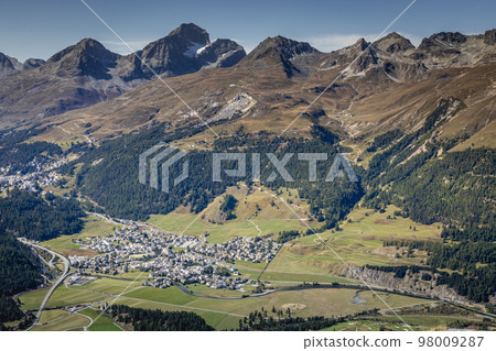 Above Celerina cityscape from Muottas Muragl Swiss Alps, Engadine, Switzerland Above Celerina cityscape from Muottas Muragl Swiss Alps, Engadine, Switzerland 98009287