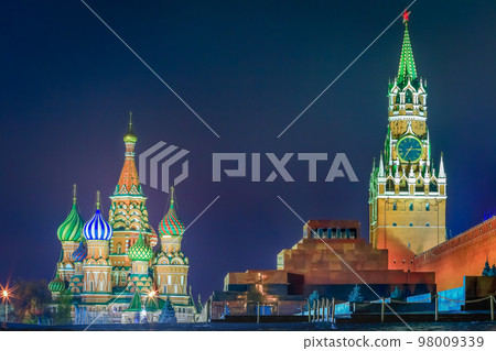 St. Basils Cathedral at dramatic dawn in Moscow, Russia 98009339