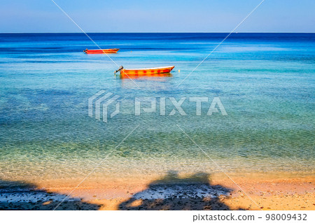 Tropical sandy beach at summer day in Fiji Islands, Pacific ocean Tropical sandy beach at summer day in Fiji Islands, Pacific ocean 98009432