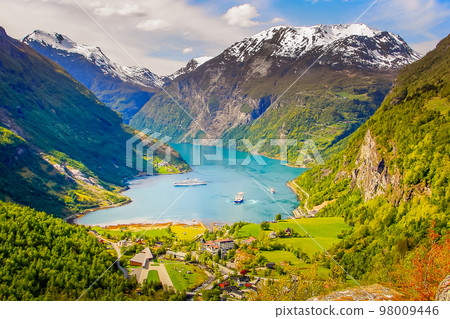 Above idyllic Geiranger fjord dramatic landscape, Norway 98009446
