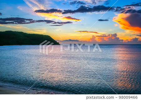 Tropical sandy beach at summer day in Fiji Islands, Pacific ocean 98009466