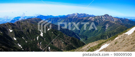 Southern Alps, Shiramine Sanzan traverse View of Arakawa Sanzan, Mt. Akaishi, and Mt. Shiomi from the summit of Mt. Nishinotoridake 98009500