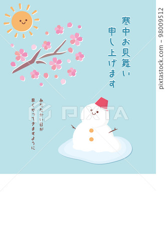 Warm spring sun, cherry blossoms, and a melting snowman postcard template for winter greetings Warm spring sun, cherry blossoms, and a melting snowman postcard template for winter greetings 98009512