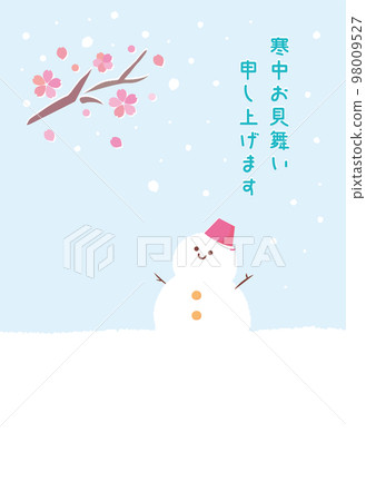 早開的櫻花和雪人冬季問候明信片設計柔和的色彩 98009527