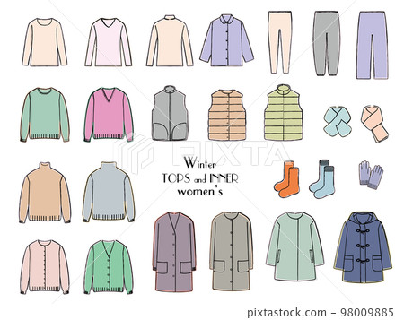 Hand-drawn touch illustration set of women's winter clothes tops and innerwear 98009885