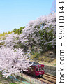 阪急電車盛開的櫻花和晴朗的天氣垂直構圖 98010343