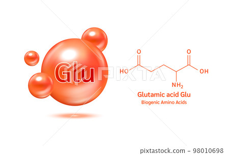 Glutamic amino acid capsules vitamins complex minerals. 3D Model of molecule orange isolated on white background. 98010698
