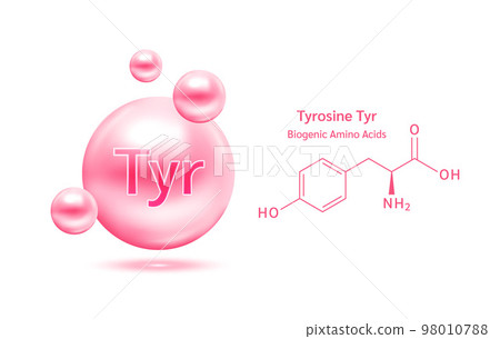 Tyrosine amino acid capsules vitamins complex minerals. 3D Model of molecule pink isolated on white background. 98010788