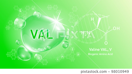 Water drop Important amino acid Valine and structural chemical formula. Proline on a green background. Medical and scientific concepts. Water drop Important amino acid Valine and structural chemical formula. Proline on a green background. Medical and scientific concepts. 98010949